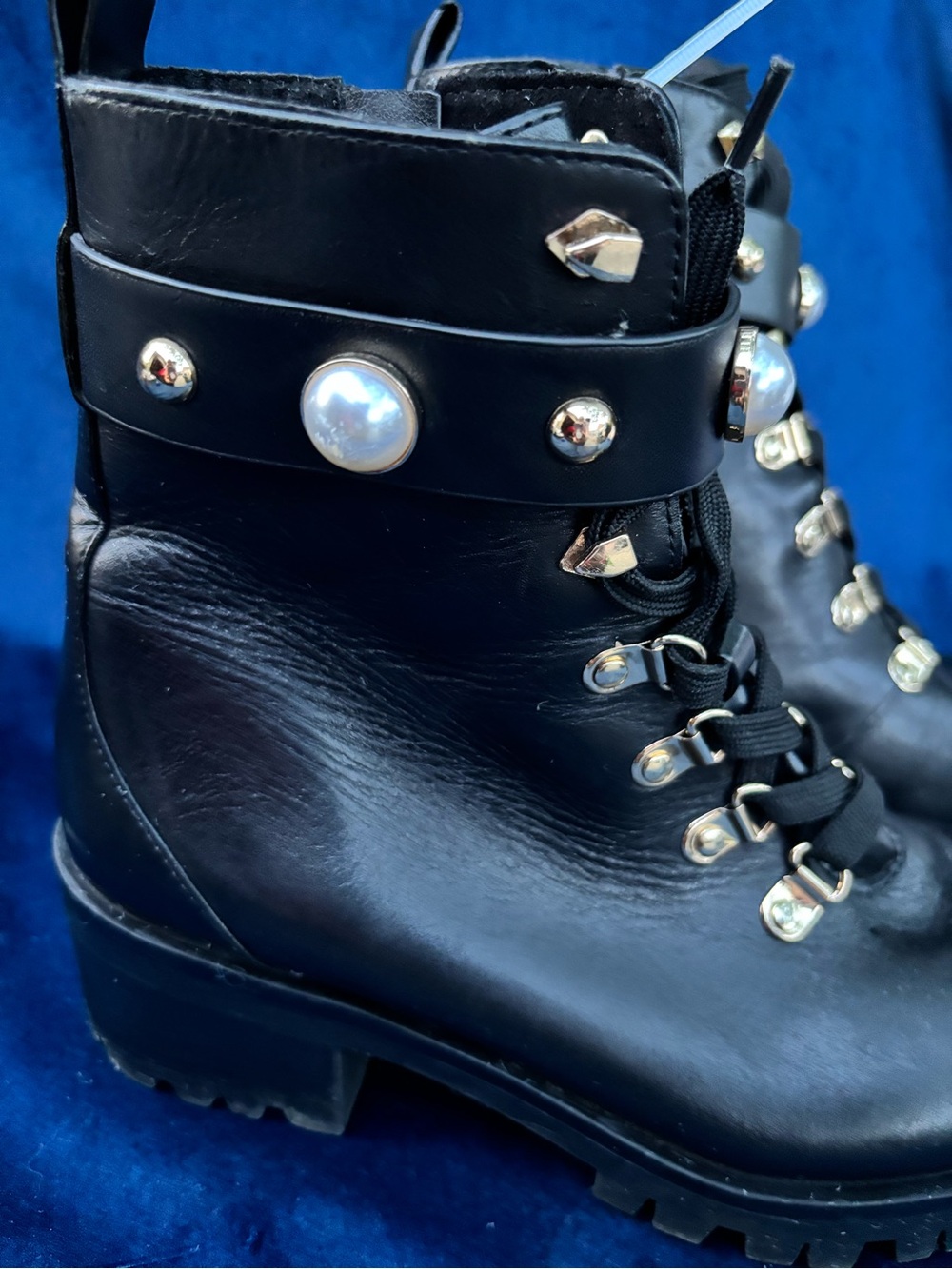 Karl Lagerfeld Black Pearl-Stud Lace-Up Lug Boots size 7 - Picture 2 of 15